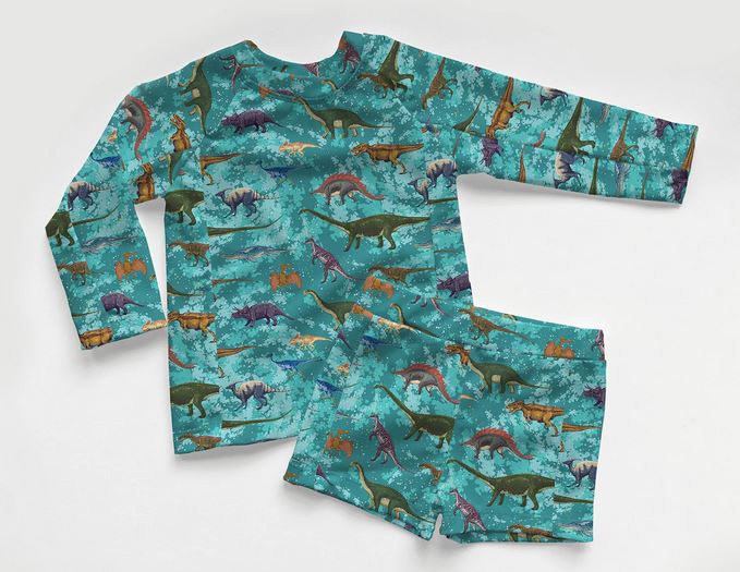 Swimwear Jersey Badestoff UPF 50 - Dinosaurier - Petrol