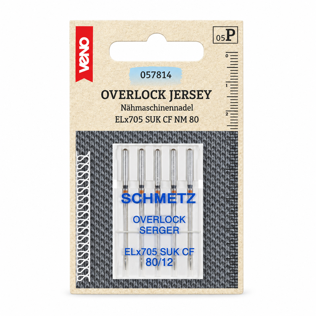 Overlock-Jersey-Nähmaschinennadeln auf weißem Hintergrund