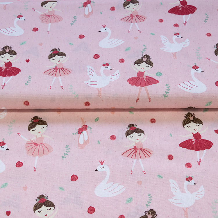 Webware Baumwolle Popeline Digitaldruck - Schwan und Ballerina - rosa