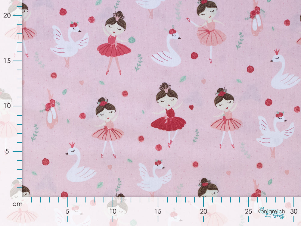 Webware Baumwolle Popeline Digitaldruck - Schwan und Ballerina - rosa