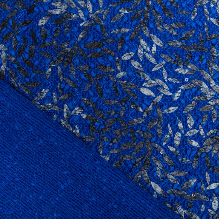 Strickstoff mit Foliendruck und Pailletten - Zweige - kobaltlblau