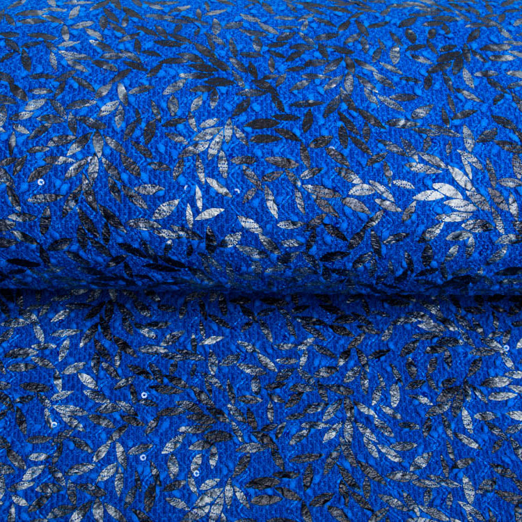 Strickstoff mit Foliendruck und Pailletten - Zweige - kobaltlblau