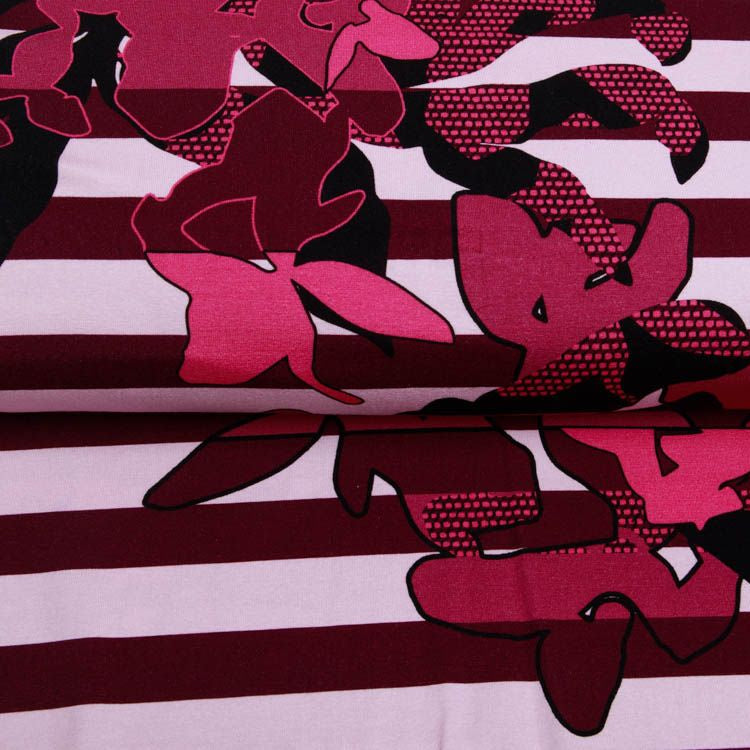 Jersey Viskose PANEL ca. 80 cm x 160 cm - Blumen auf Streifen - rosa
