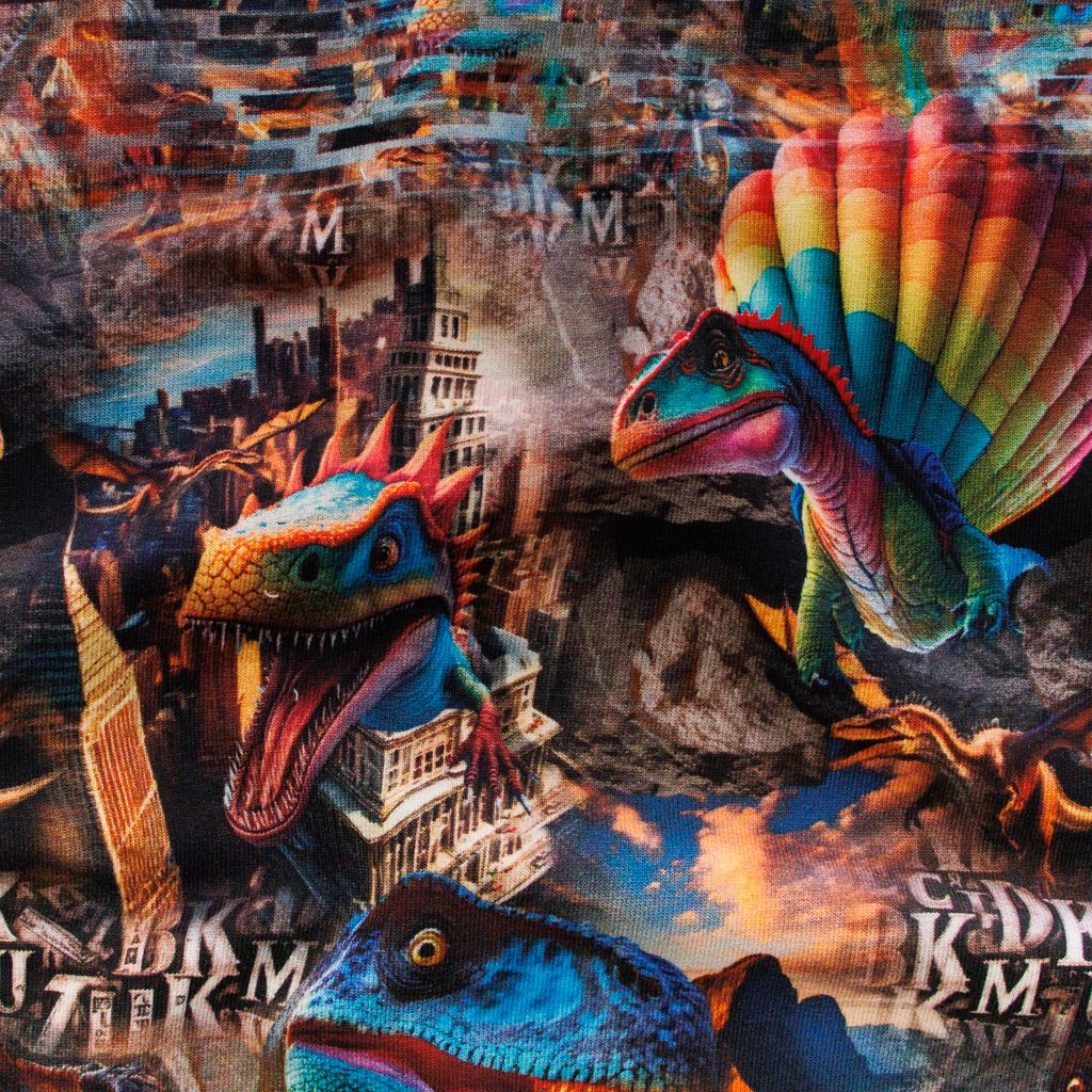 French Terry Mützenpanel „Dino Invasion“ – Digitaldruck