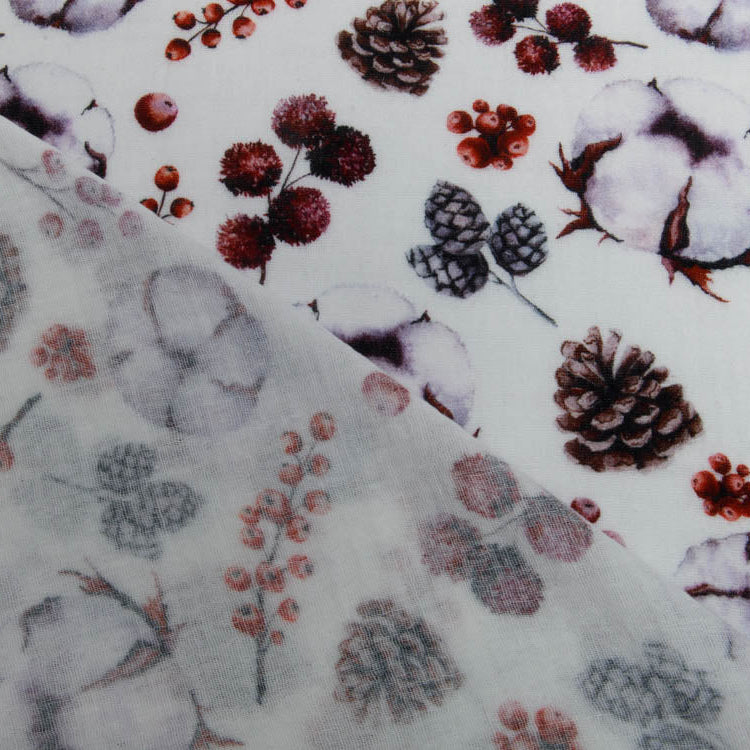 Musselin Double Gauze Digitaldruck Mix Reed Snoozy - Baumwollblüten und Tannenzapfen - weiß
