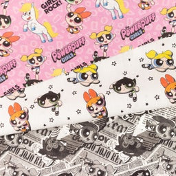 Webware Baumwolle Popeline Digitaldruck Powerpuff Girls - Blossom, Bubbles und Buttercup - weiß