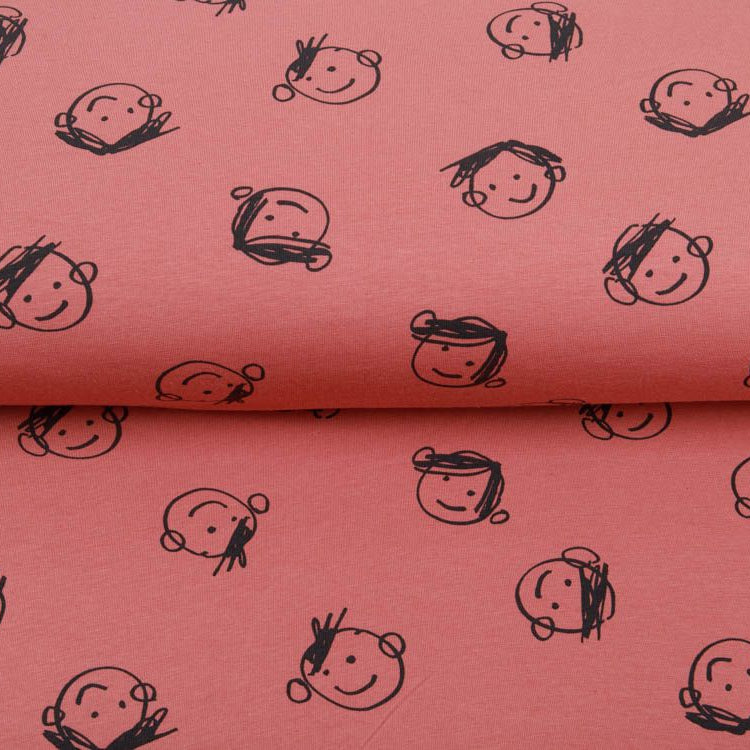 Jersey Sanetta - gekritzelte Kindergesichter - dunkles altrosa