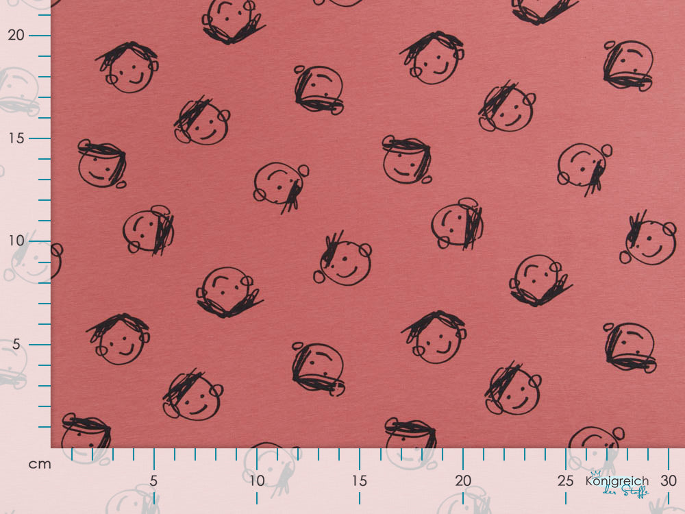 Jersey Sanetta - gekritzelte Kindergesichter - dunkles altrosa