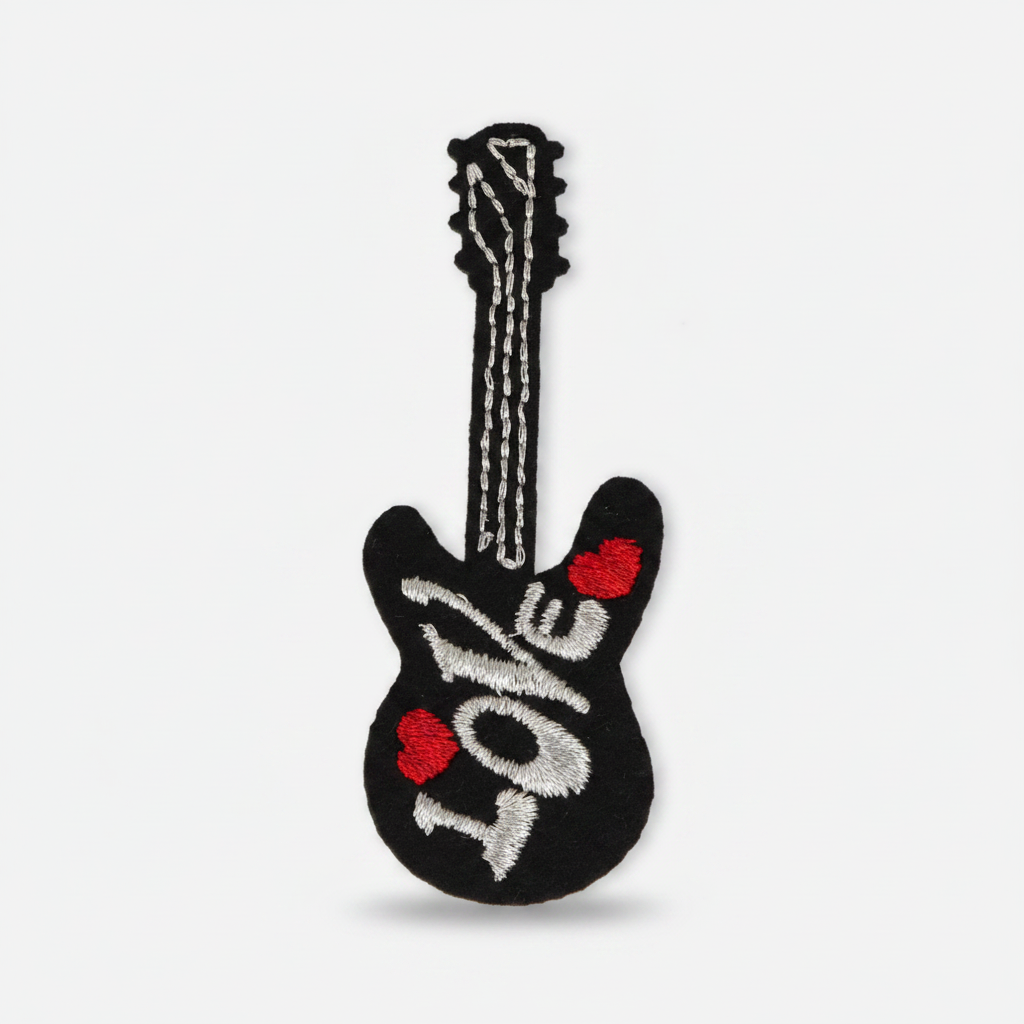 Applikation zum Aufbügeln ca. 3 cm x 7,5 cm- Gitarre - schwarz/rot