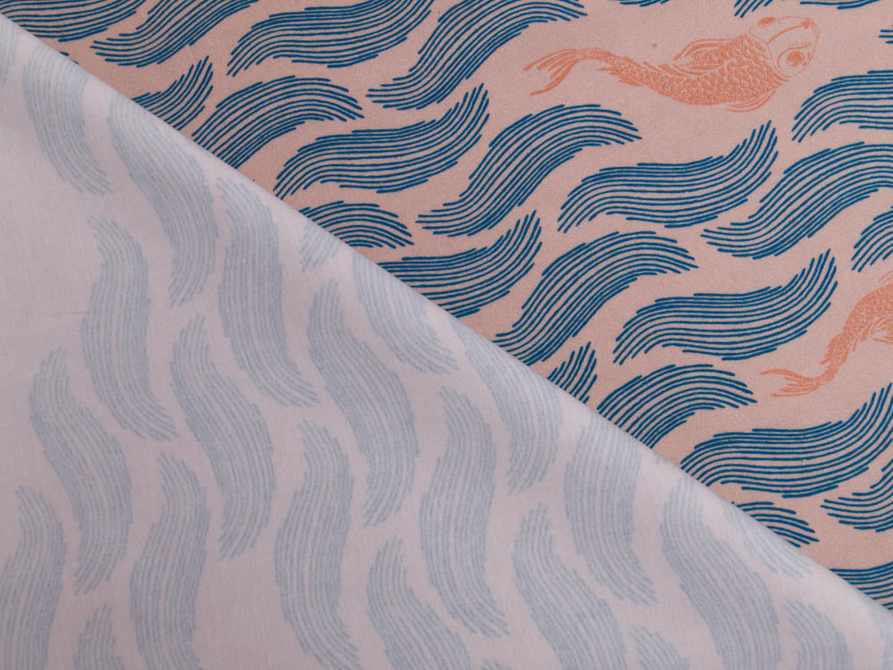 Leicht elastische Webware Baumwollsatin Sawfing - Fische - beige