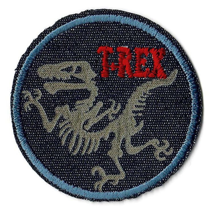 Applikation zum Aufbügeln ca. 5,5 cm x 5,5 cm - T-Rex Skelett - blau / rot