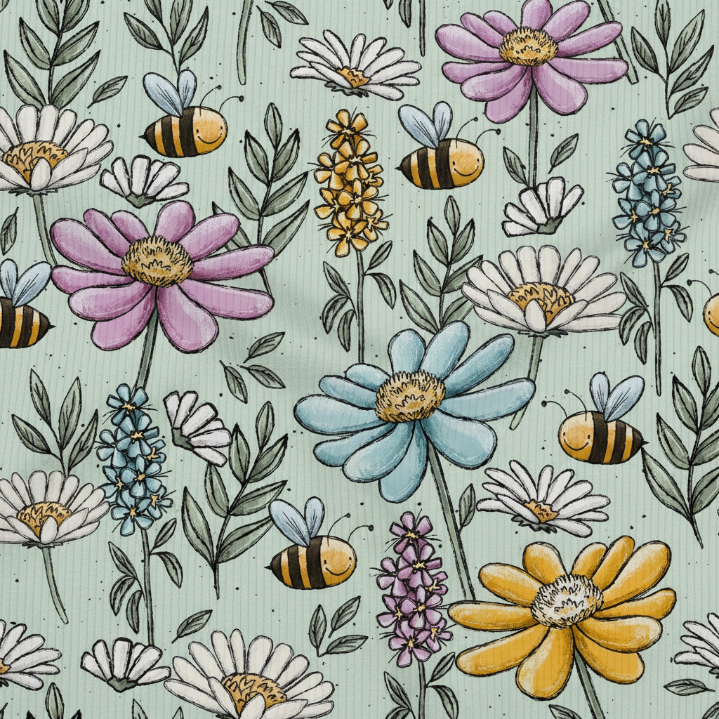 Tela Rippjersey con diseño de flores y abejas