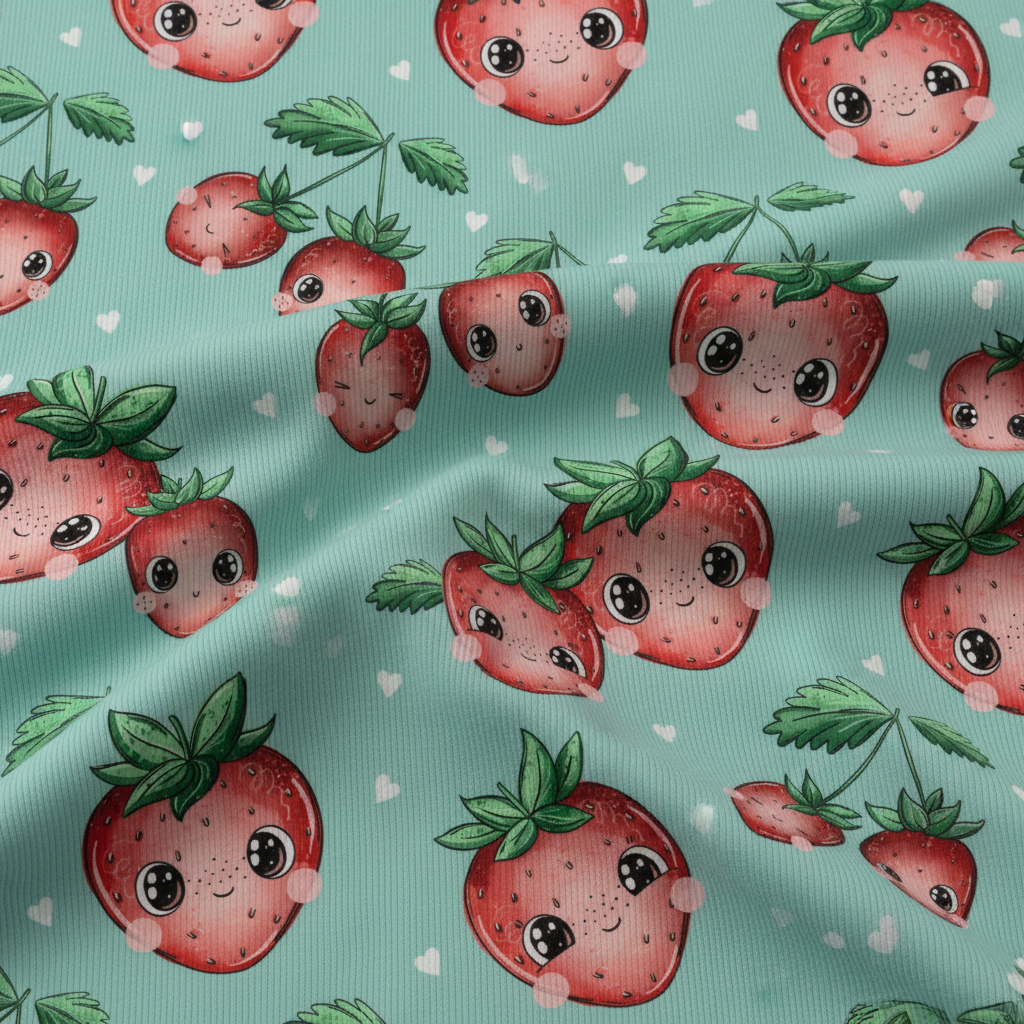 Tela Rippjersey con diseño de fresas - textura visible