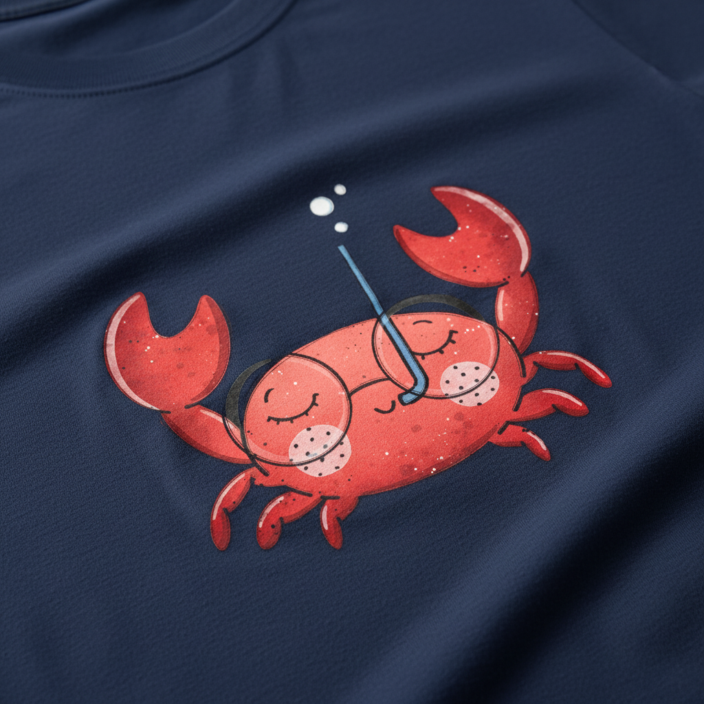 Transfer cangrejo kawaii con snorkel sobre tela jersey azul marino
