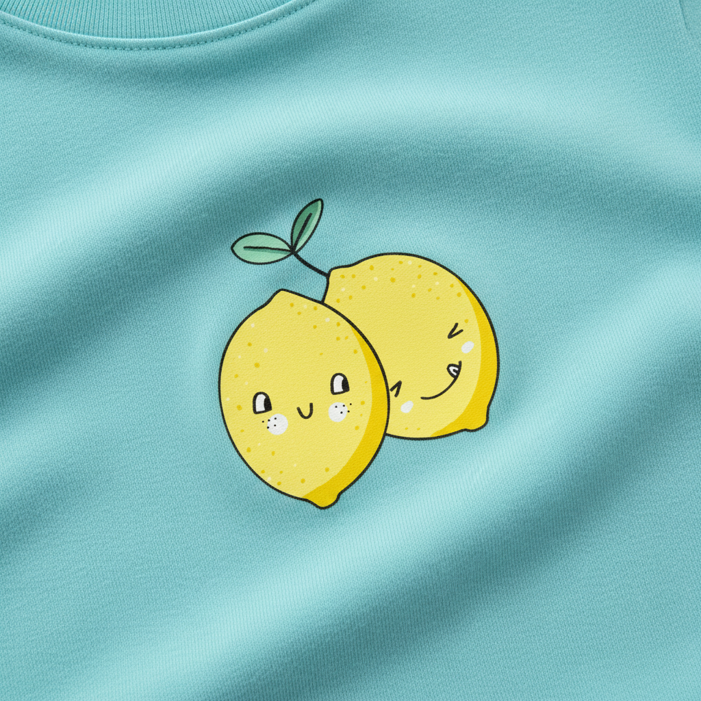 Transfer limones kawaii sobre tela jersey azul celeste