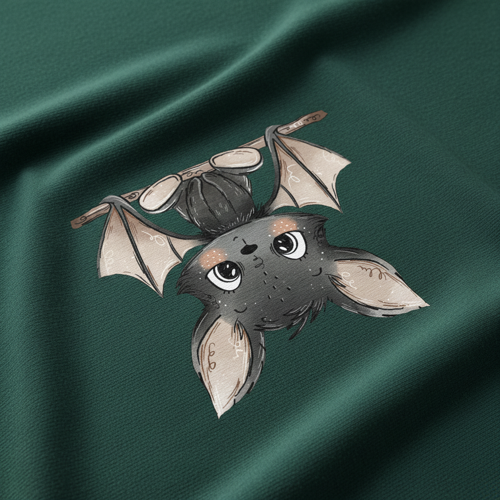 Transfer murciélago colgado kawaii sobre tela jersey verde bosque/grafito