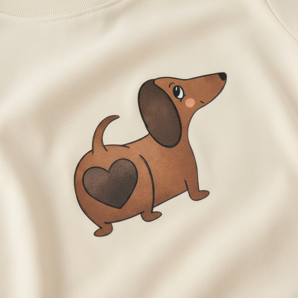 Transfer perrito salchicha sobre tela jersey crema/verde salvia