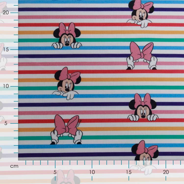 Webware Baumwolle Popeline - Minnie Mouse auf Streifen - weiß