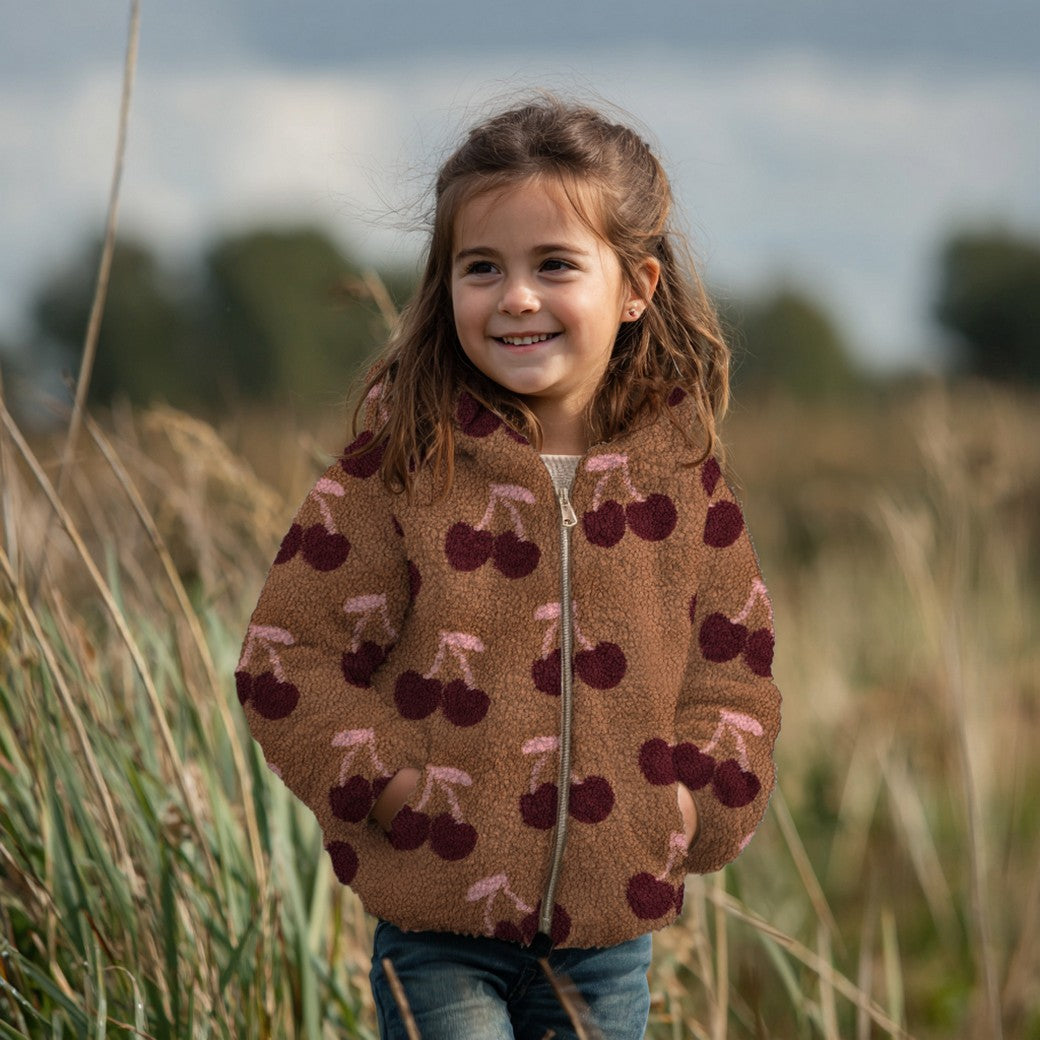 Sherpa Teddy Jacquard Stoff - Kirschen- ecru