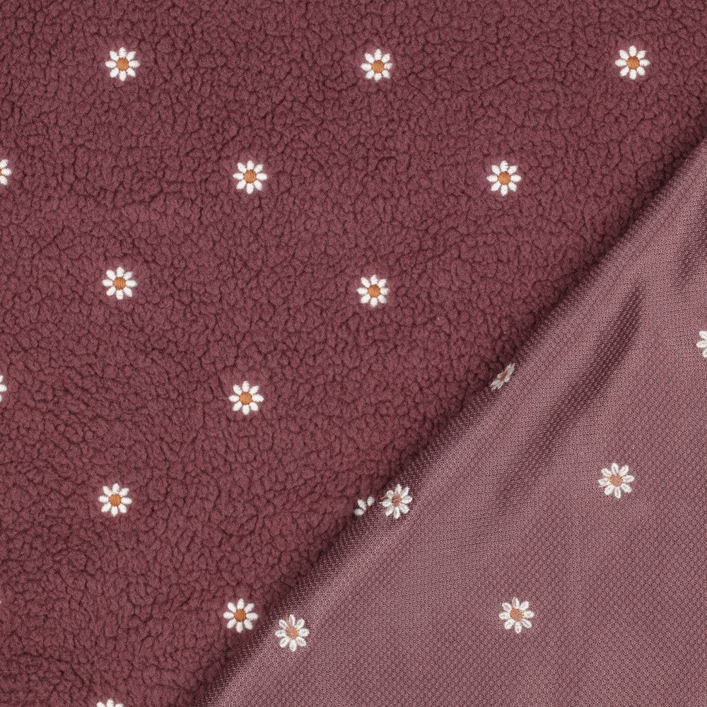 Sherpa Teddy Jacquard Stoff - gestickte Blümchen - mauve