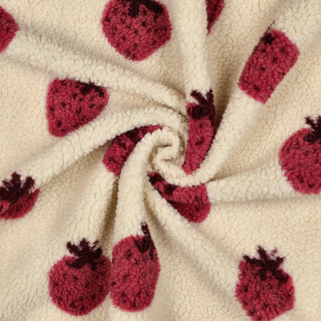 Sherpa Teddy Jacquard Stoff - Erdbeeren - ecru