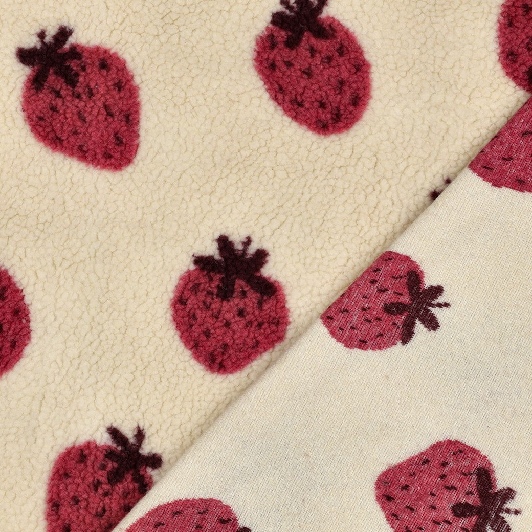 Sherpa Teddy Jacquard Stoff - Erdbeeren - ecru