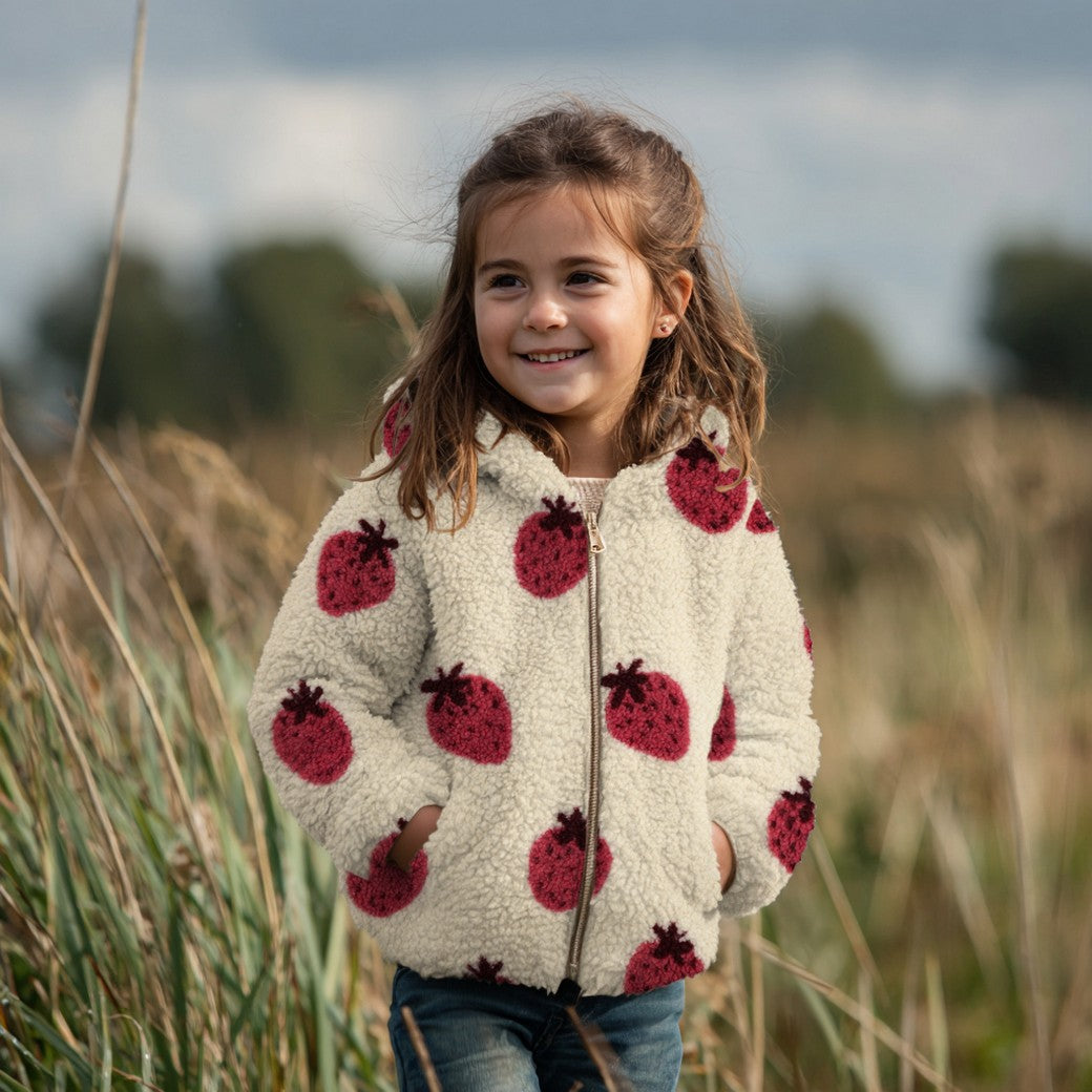 Sherpa Teddy Jacquard Stoff - Erdbeeren - ecru