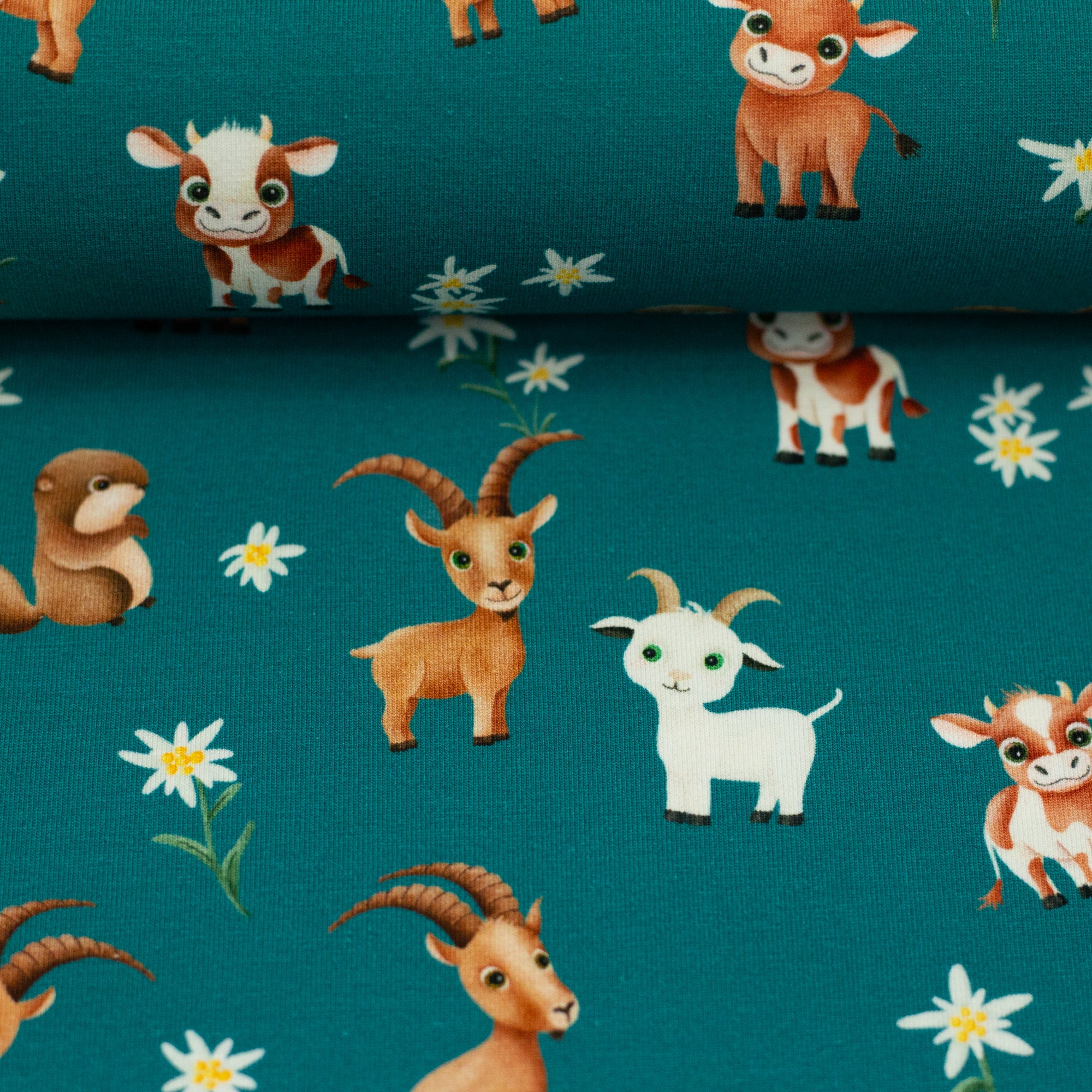 Jersey Swafing Alpenliebe by Mrs Mint Design - Bergziegen - petrol