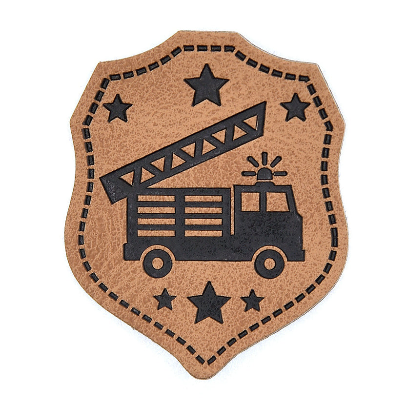Jessy Sewing Kunstleder-Label mit aufgedruckter Nähnaht - "Wappen Feuerwehr" - braun