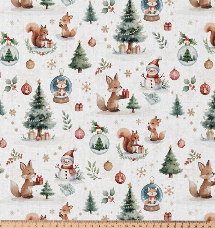 Baumwolle Webware Stoff - Weihnachtsstoff Winterwald - Wollweiß