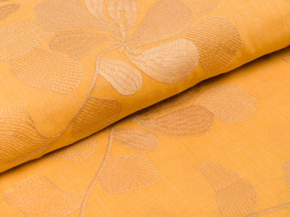 Webware mit Stickerei - Stielblumen - ocker