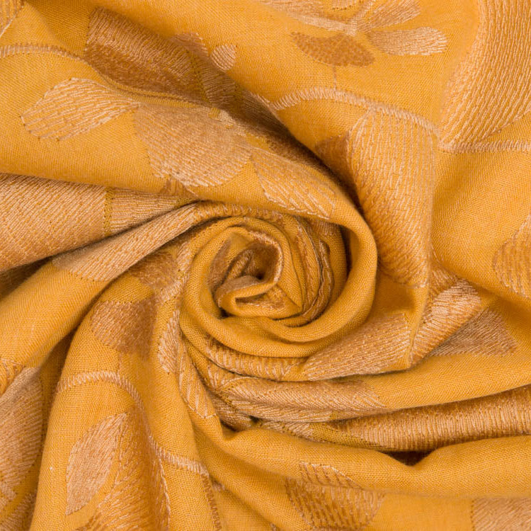 Webware mit Stickerei - Stielblumen - ocker