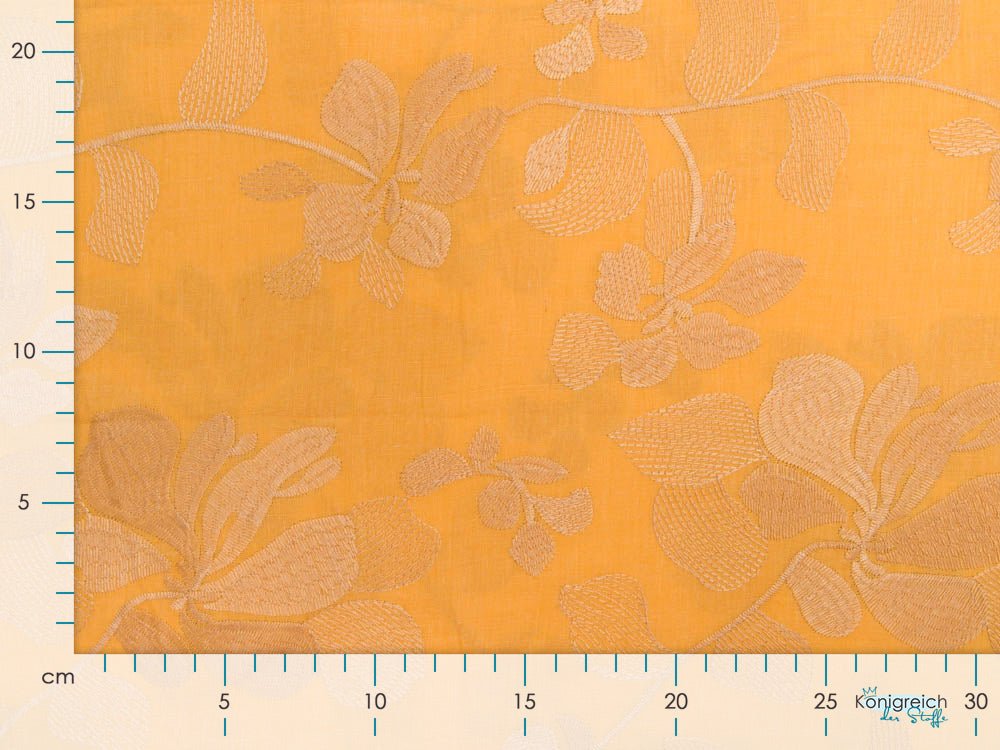 Webware mit Stickerei - Stielblumen - ocker