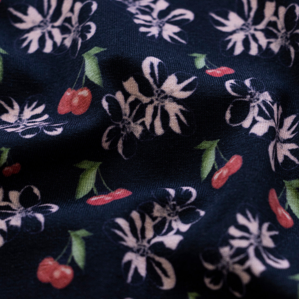 Jersey - Kirschen und Blüten - marineblau
