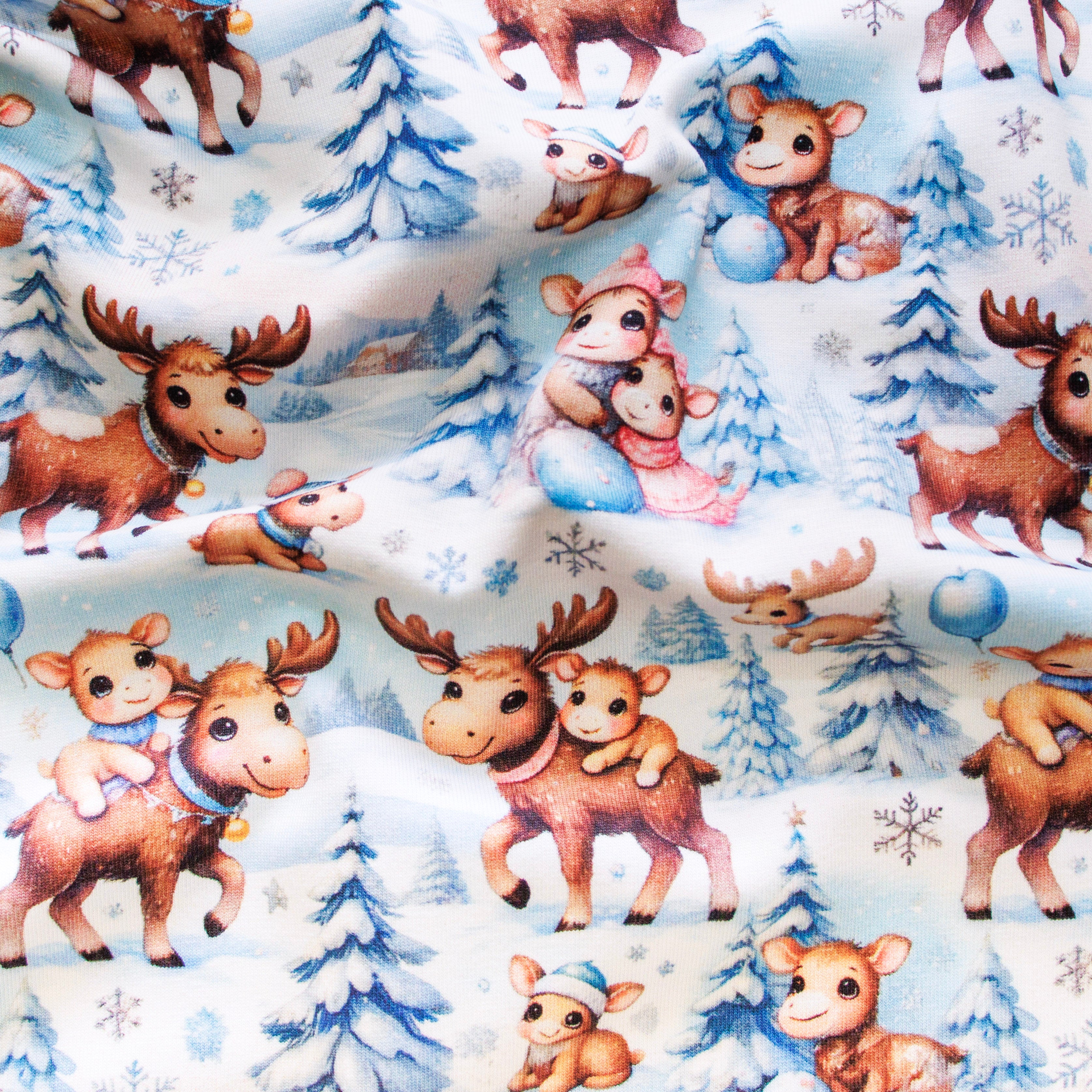 Baumwolle Jersey Digitaldruck Stoff -  Niedliche Elche im Winterwald - weiß - blau