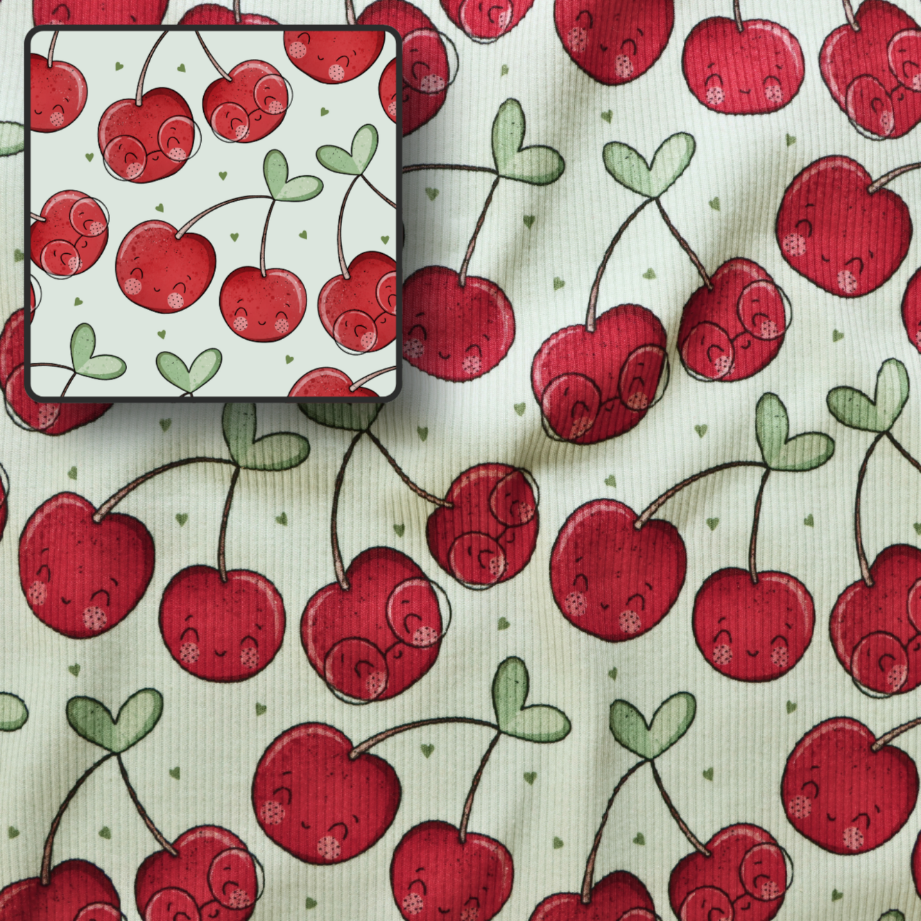 Eigenproduktion Ripp-Jersey Kirschen Katzengold-Design - Hellgrün