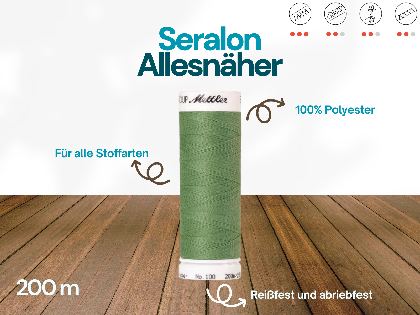 🧵  SERALON® - Allesnähergarn - 200 m • Hellgrün - Grün - Dunkelgrün - Nähgarn