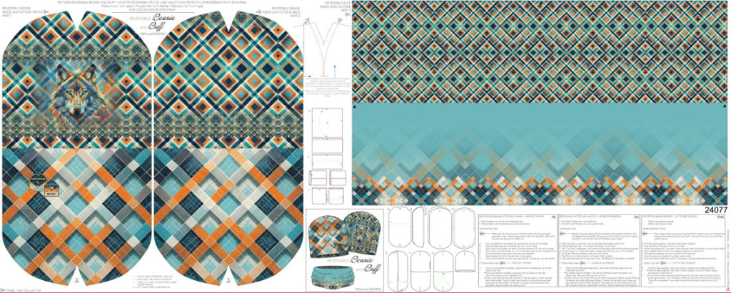 French Terry Mützen- & Loop-Panel „Wolf Geometrie“ – Digitaldruck