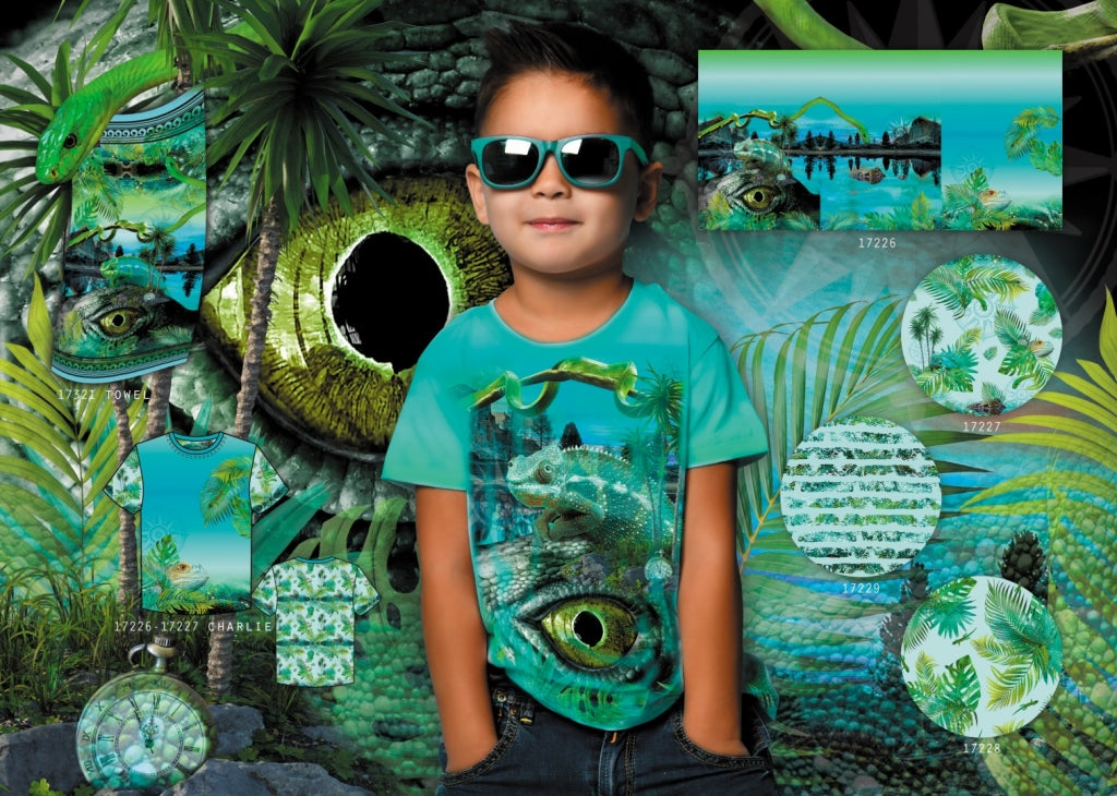 Jersey Digitalprint Stenzo - Blätter und kleine Leguane - mint