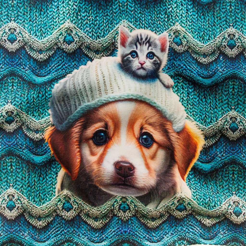 French Terry Mützenpanel „Hund & Kätzchen“ – Digitaldruck