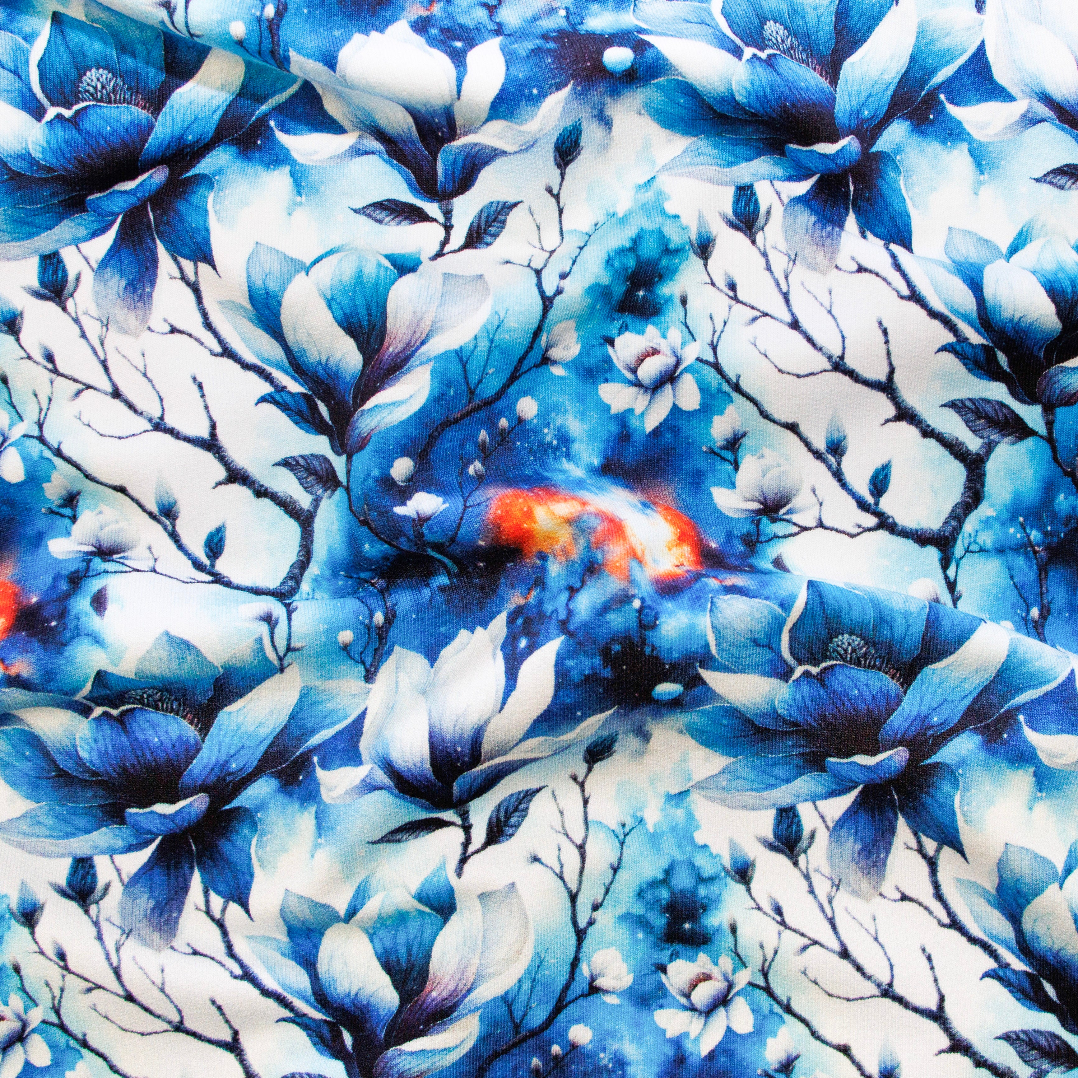 French Terry Stoff - Winter Blumen auf Blau