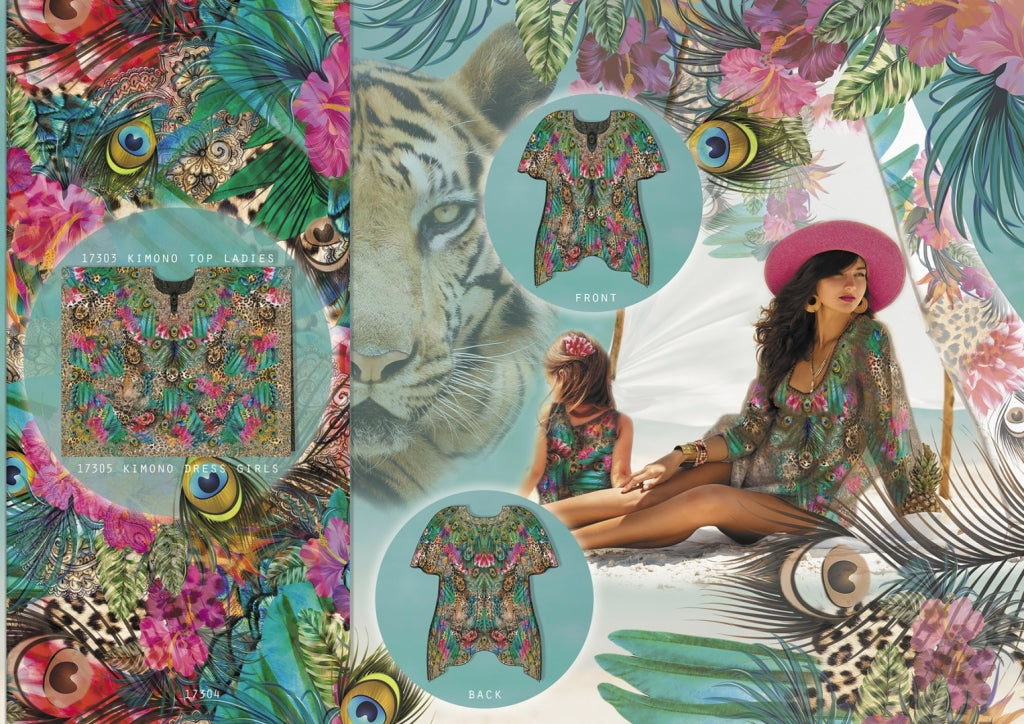 Webware Voile Kaftan für Kinder Digitaldruck Stenzo PANEL ca. 150 x 150 cm - Pfauenfedern und Tiger - grün