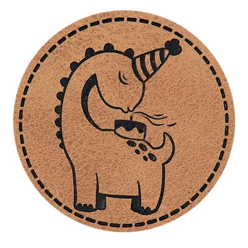 Jessy Sewing Kunstleder-Label mit aufgedruckter Nähnaht - "Dino Party" - braun