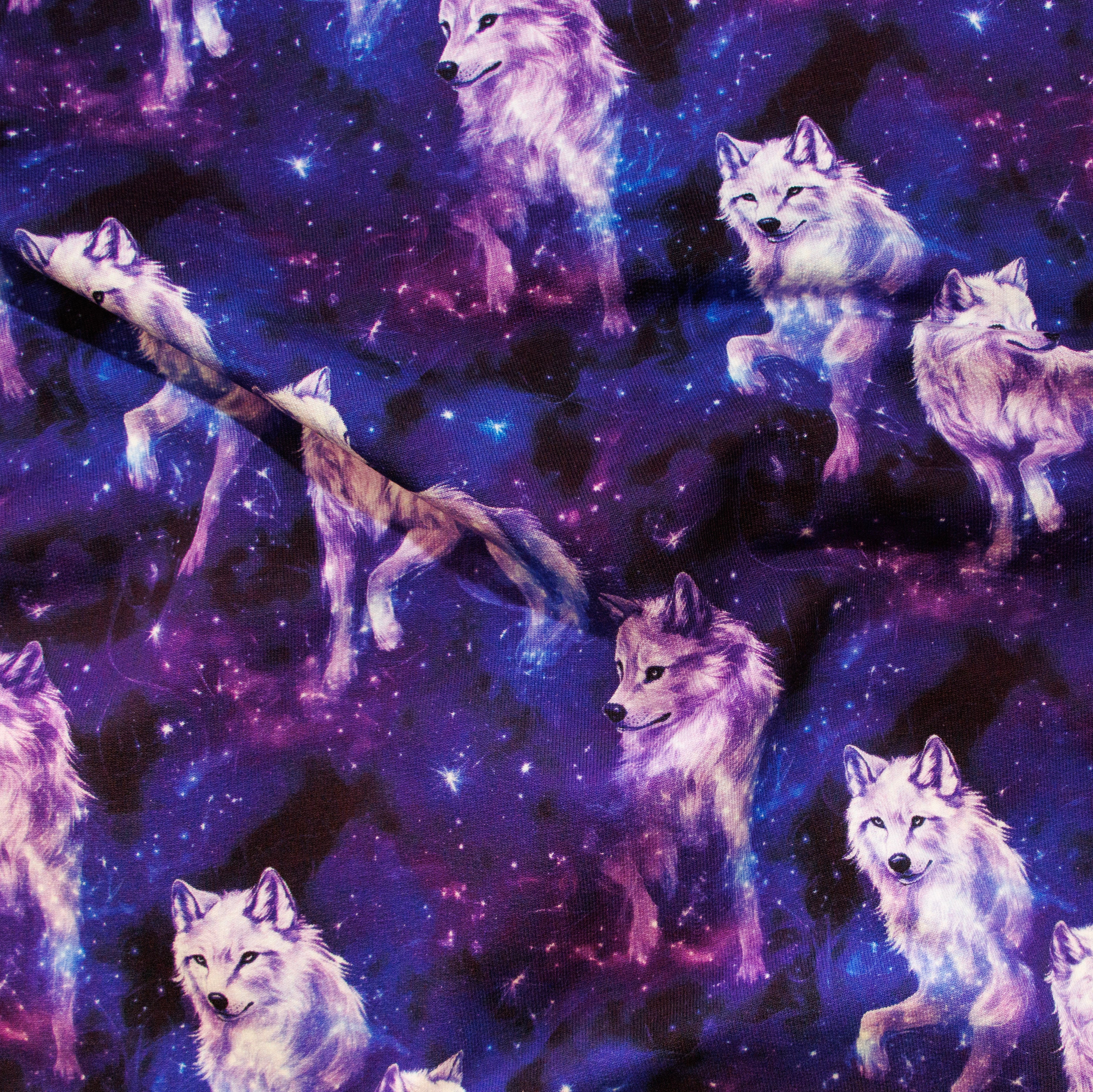 French Terry Stoff Digitaldruck - Wölfe - Dunkelblau - Lila
