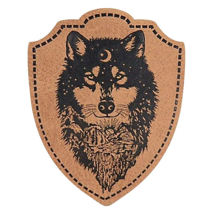 Jessy Sewing Kunstleder-Label mit aufgedruckter Nähnaht - "Wappen Wolf" - braun