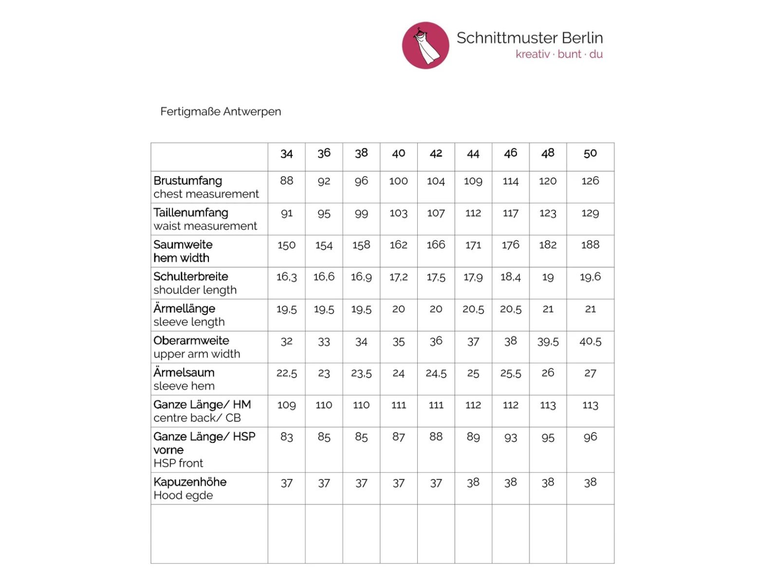 Papierschnittmuster Hoodiekleid Antwerpen