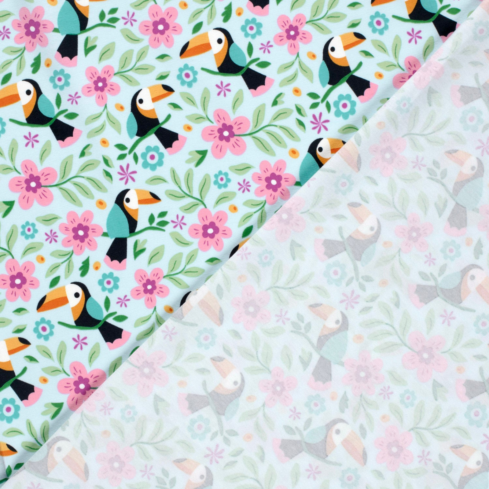 🦜Baumwolle Jersey Stoff Digitaldruck - Tukane & Blümchen