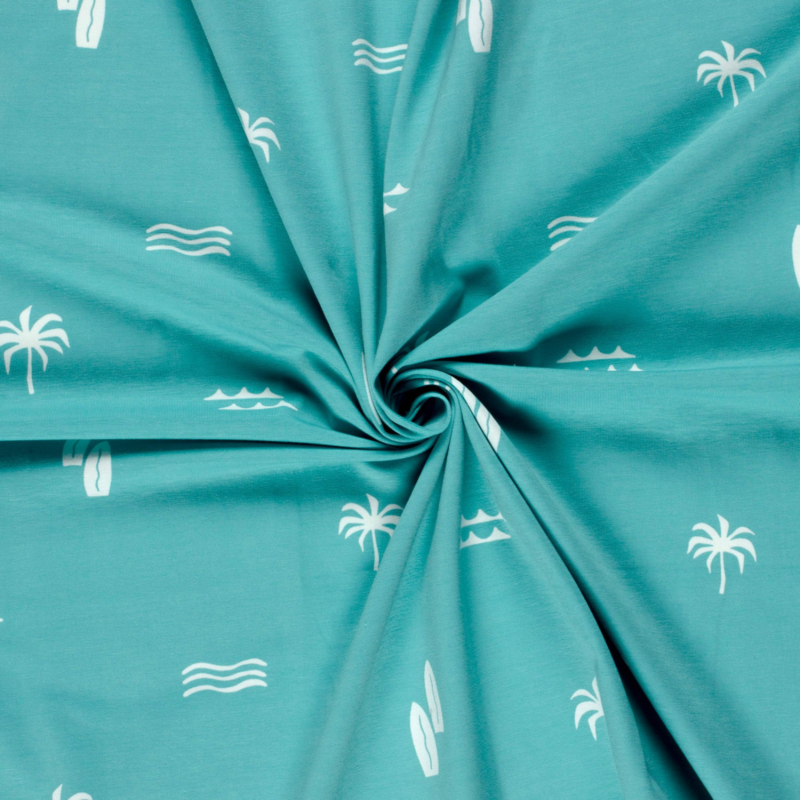 🌴Baumwolle Jersey Stoff Digitaldruck -  Strand und Palmen - türkis