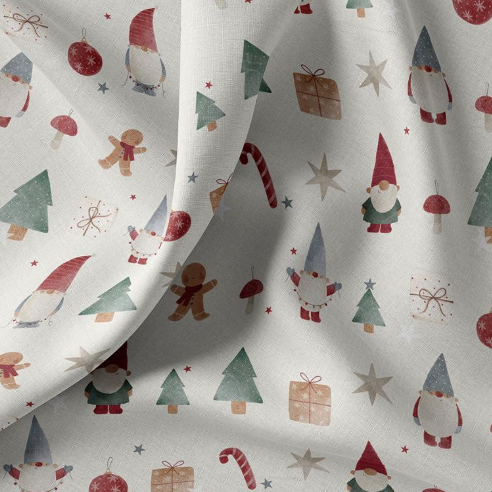 🎄 Baumwolle Webware Stoff - Weihnachtsstoff Wichtel & Lebkuchen - Beige