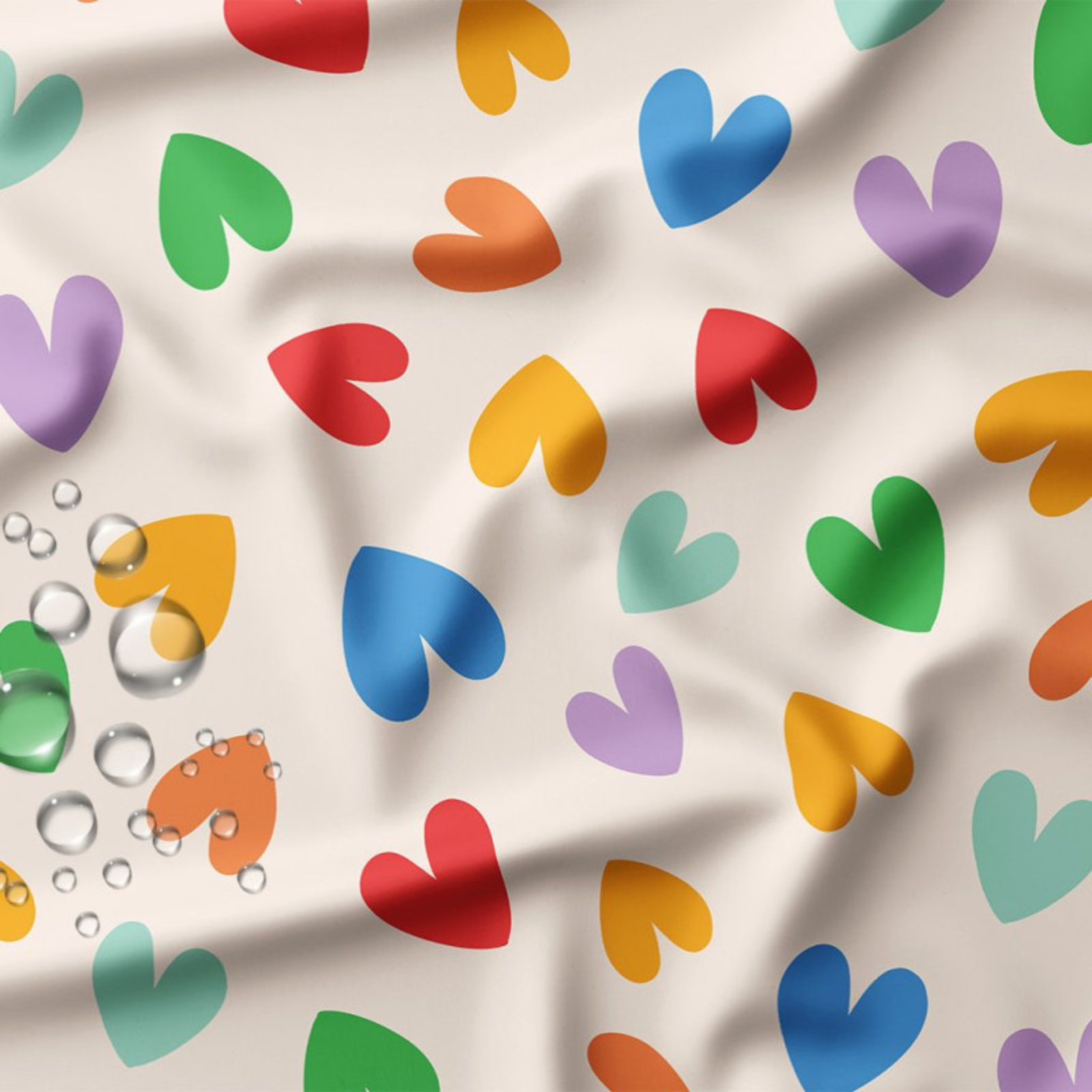 🧡 Beschichtete Webware Stoff - Bunte Herzen auf Ecru – Wasserabweisend